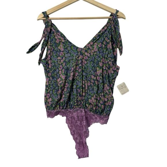 Free People Bare It All Bodysuit Womens Small Floral Lace Shoulder Ties NWT - Picture 1 of 14